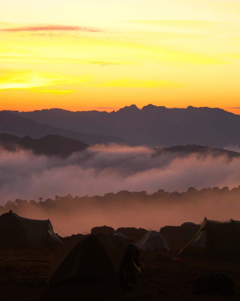 Kilimanjaro Lemosho Route base camp fog sunset