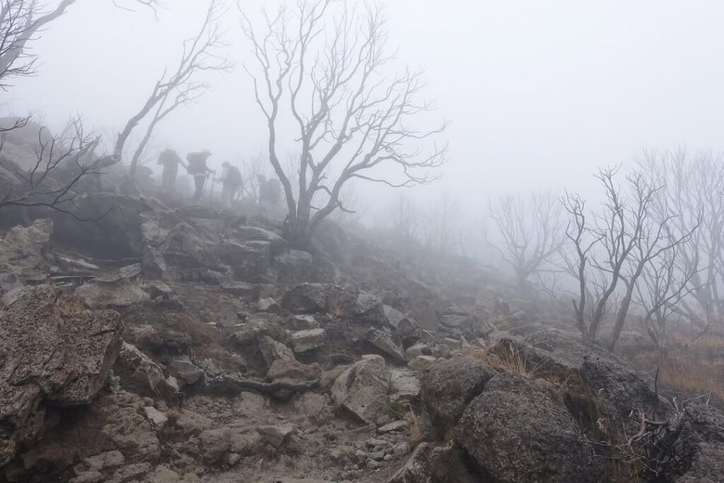 Kilimanjaro umbwe route baranco camp fog trekking climbers
