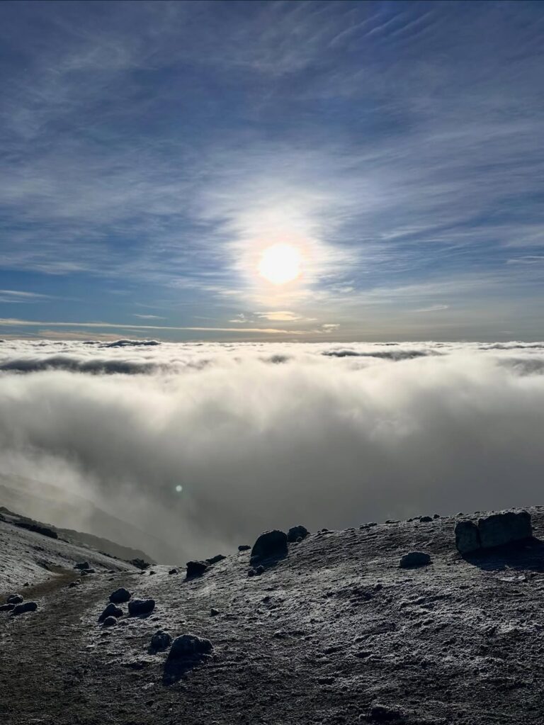 Uhuru Peak Kilimanjaro view sun over the clouds